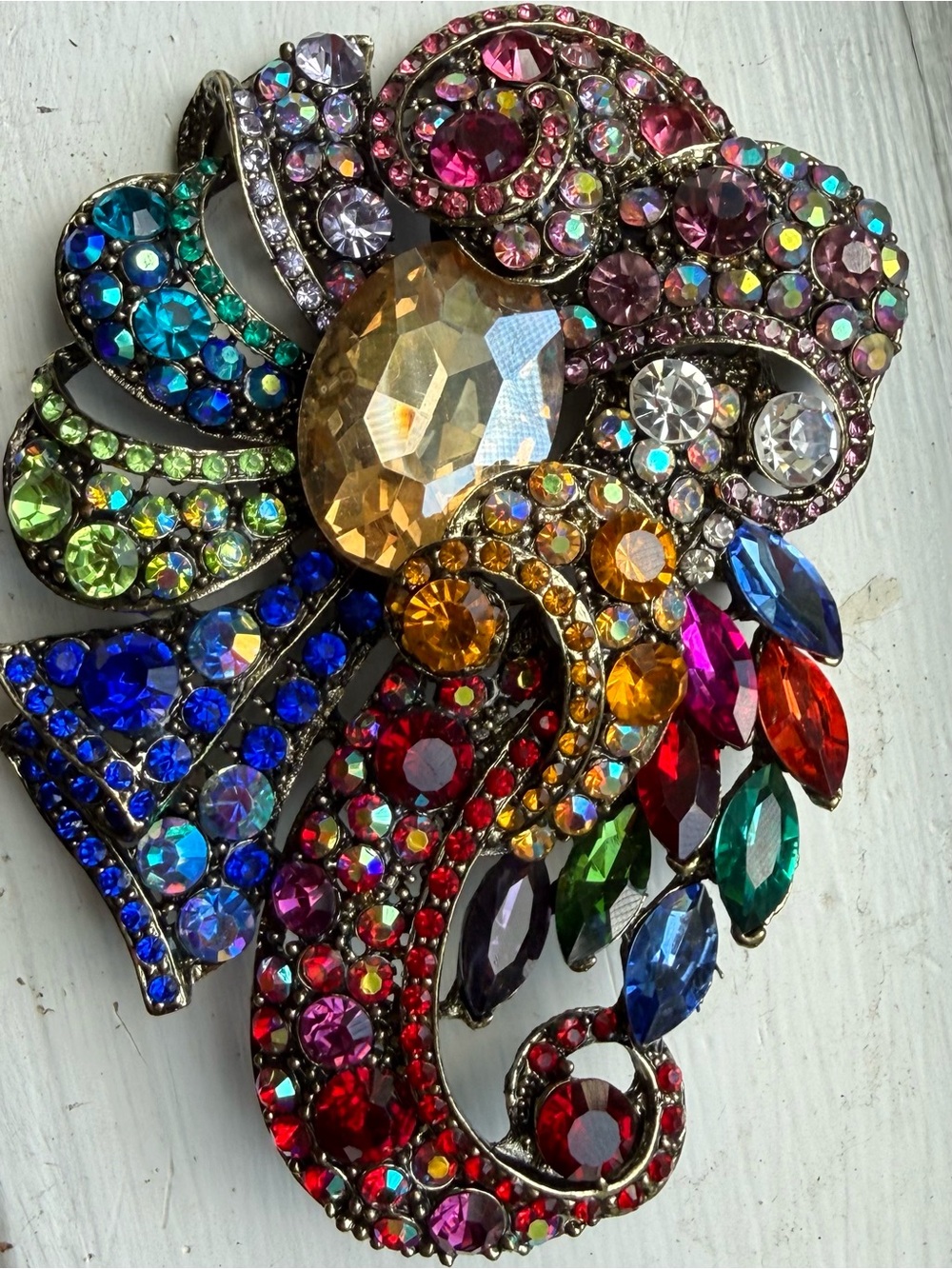 Large Multicolor Rhinestone Statement Brooch Pin Rainbow Crystal Floral